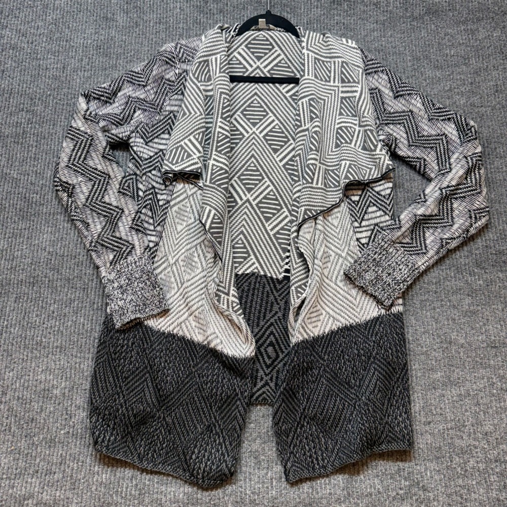 Lucky Brand Cardigan Sweater Womens M Black White Geometric Open Front Cotton